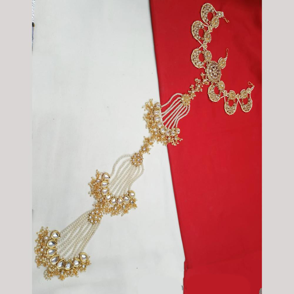 NAFJ Gold Plated Pearl And Kundan Choti Hair Jewelry for Women