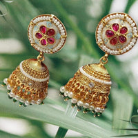 NAFJ Gold Plated Pota Stones And Pearls Meenakari Jhumki Earrings