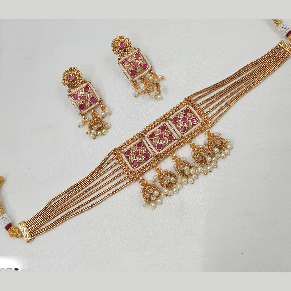 NAFJ Gold Plated Pota Stone And Pearls Choker Necklace Set