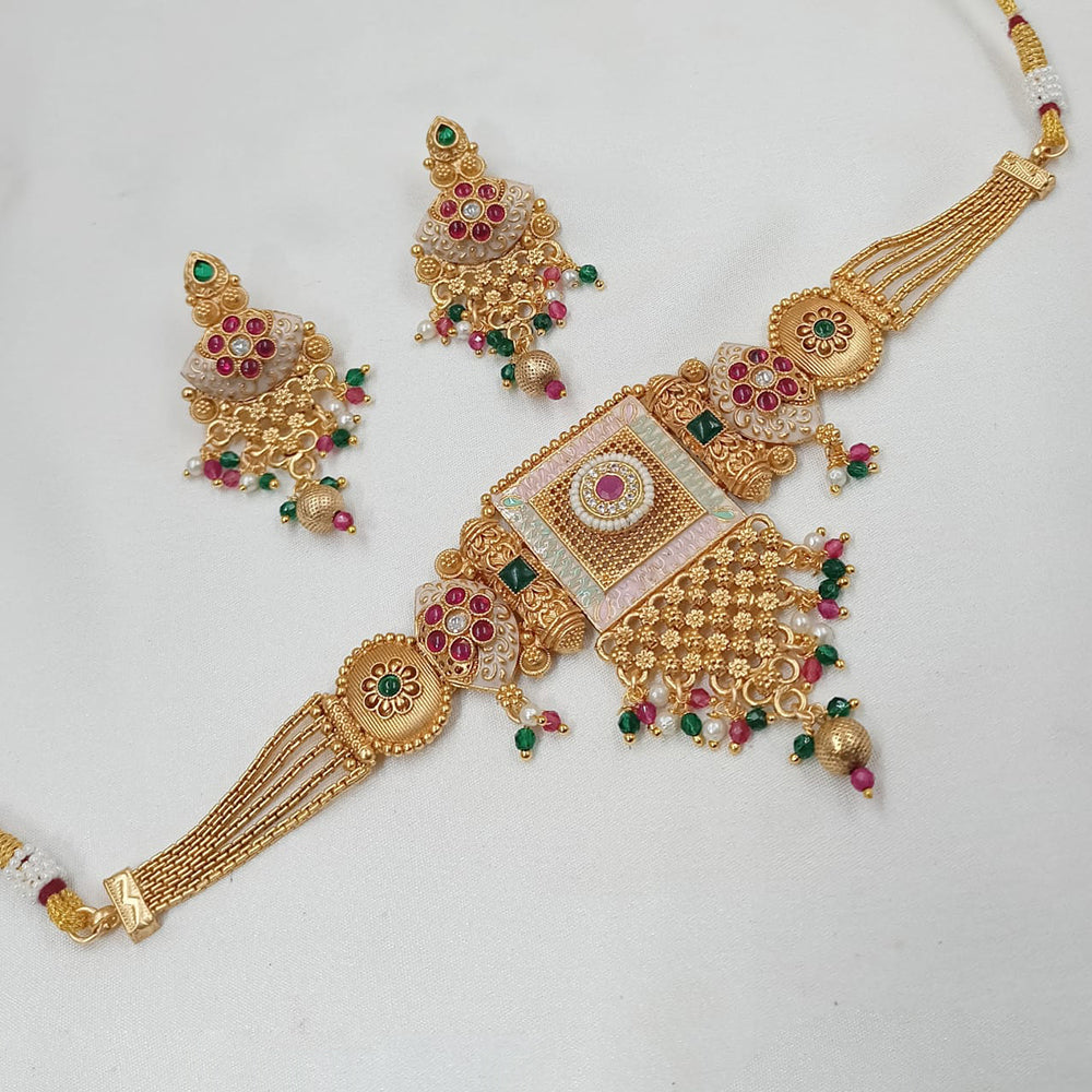 NAFJ Gold Plated Pota Stone And Pearls Meenakari Choker Necklace Set