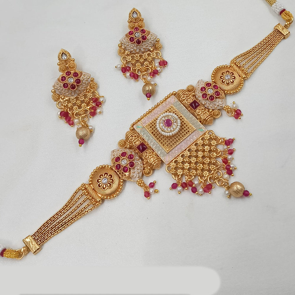 NAFJ Gold Plated Pota Stone And Pearls Meenakari Choker Necklace Set