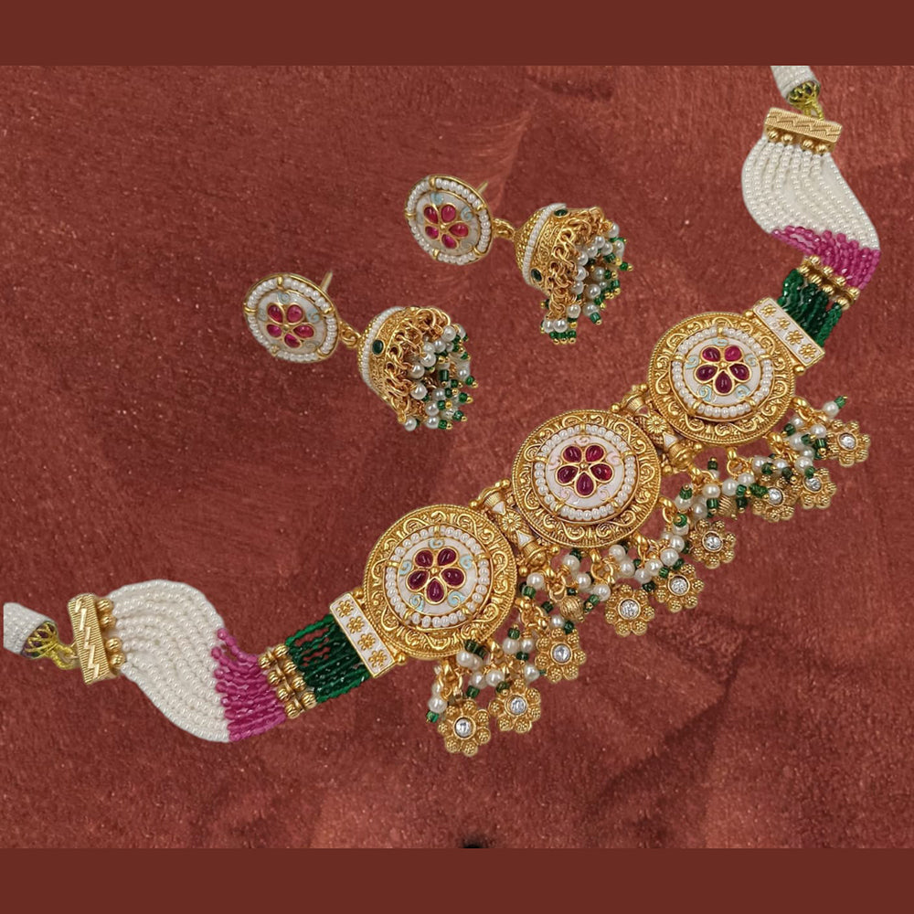 NAFJ Gold Plated Pota Stone And Pearls Meenakari Choker Necklace Set