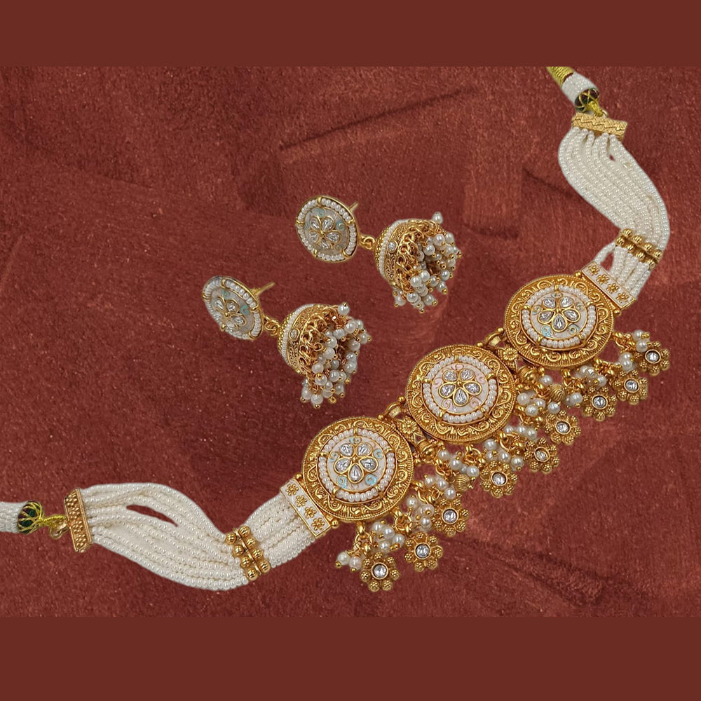 NAFJ Gold Plated Pota Stone And Pearls Meenakari Choker Necklace Set