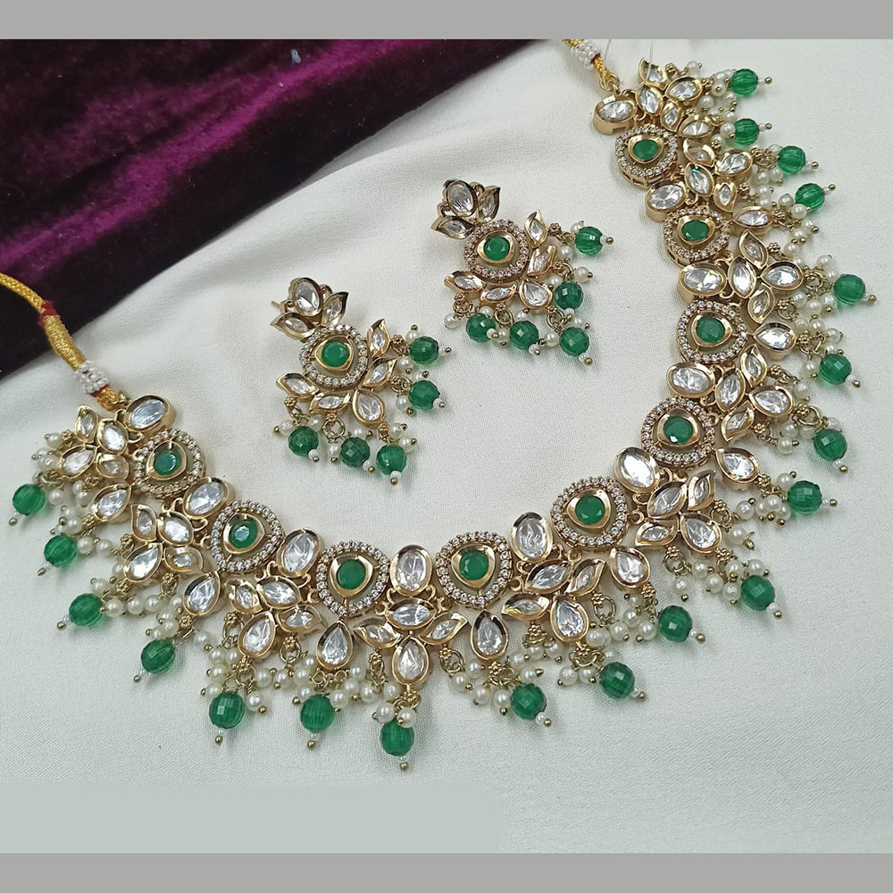 NAFJ Gold Plated Polki Kundan And Beads Necklace Set