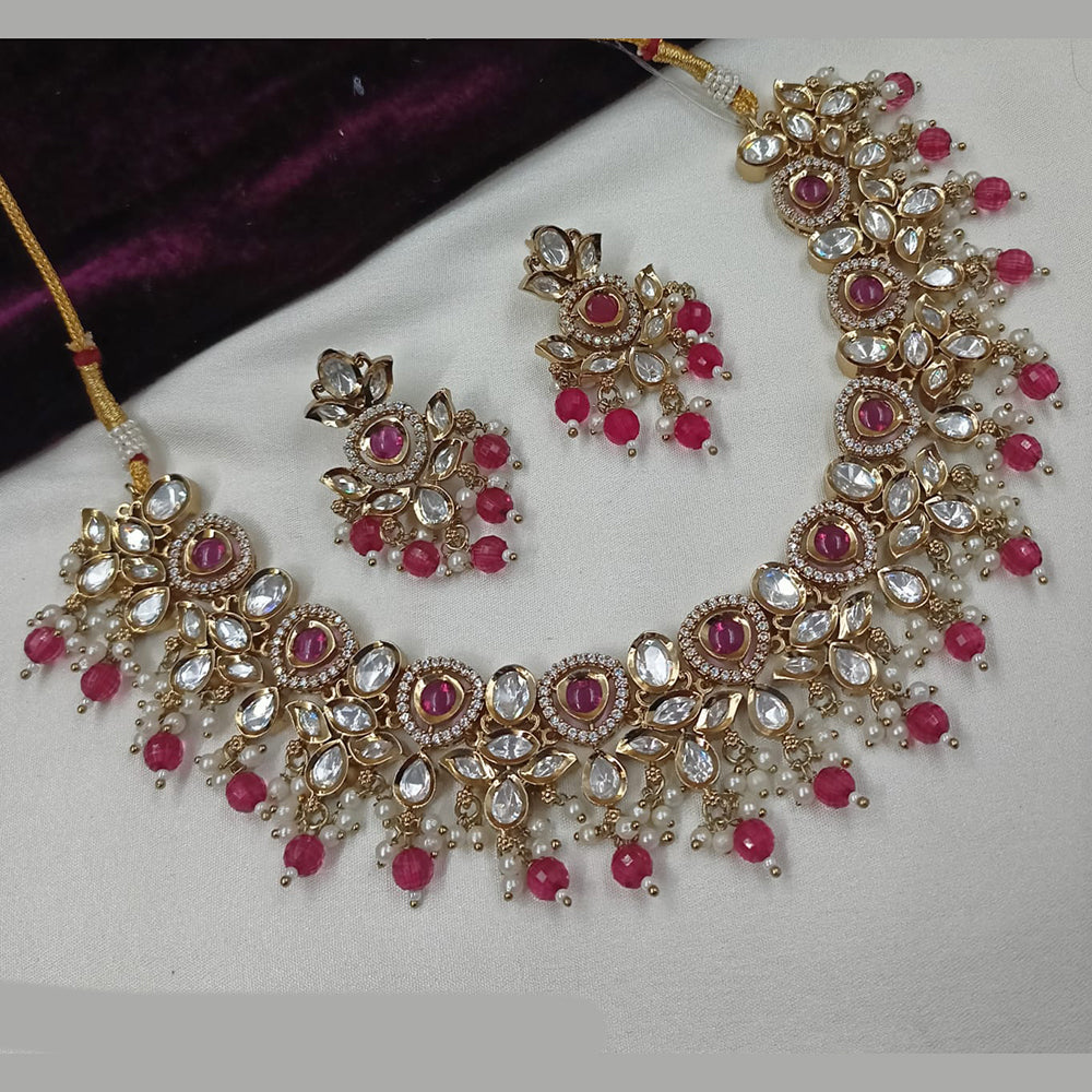 NAFJ Gold Plated Polki Kundan And Beads Necklace Set