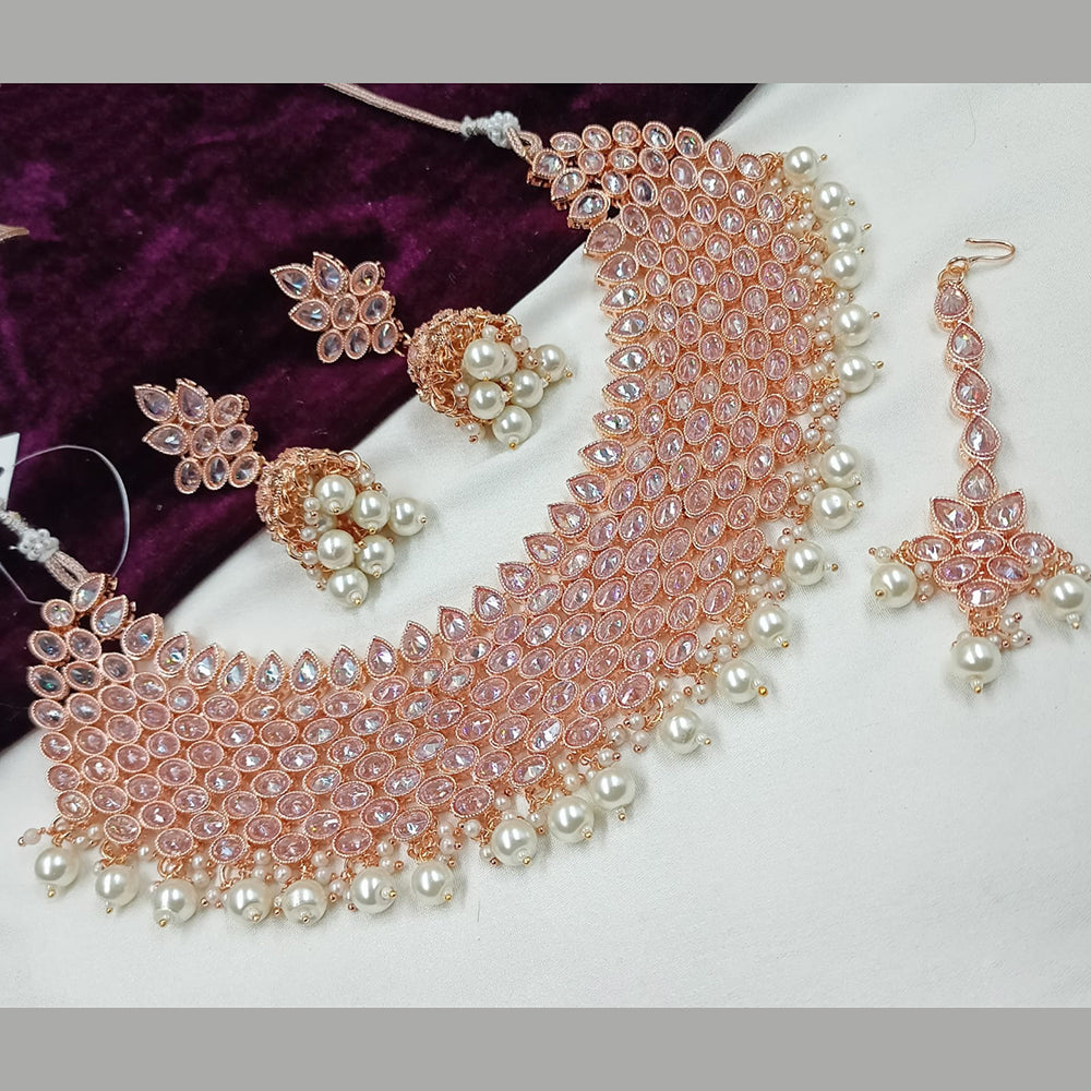NAFJ Rose Gold Plated Crystal Stone And Pearl Necklace Set