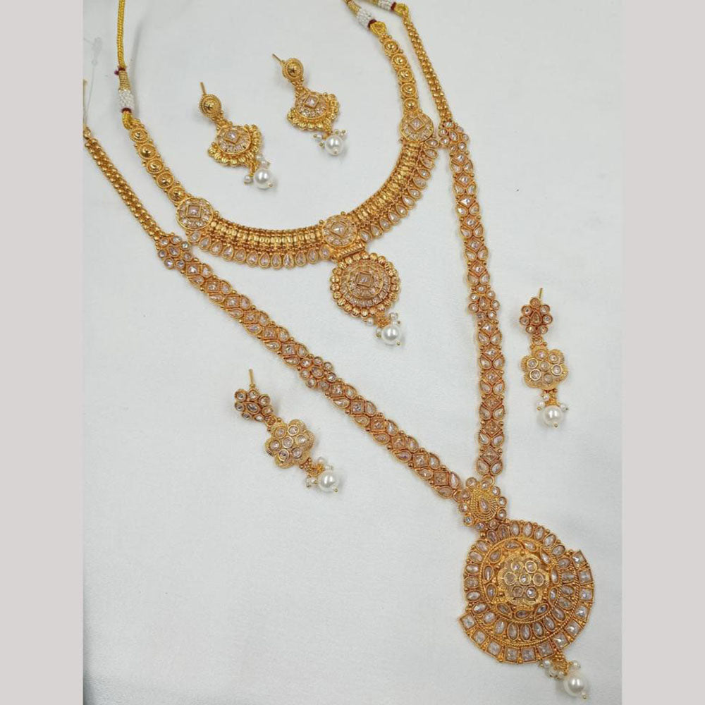 NAFJ Gold Plated Crystal Stone And Pearl Double Necklace Set
