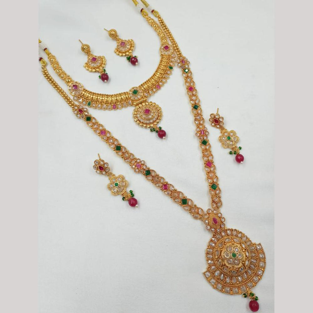 NAFJ Gold Plated Crystal Stone And Pearl Double Necklace Set