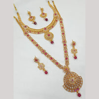 NAFJ Gold Plated Crystal Stone And Pearl Double Necklace Set