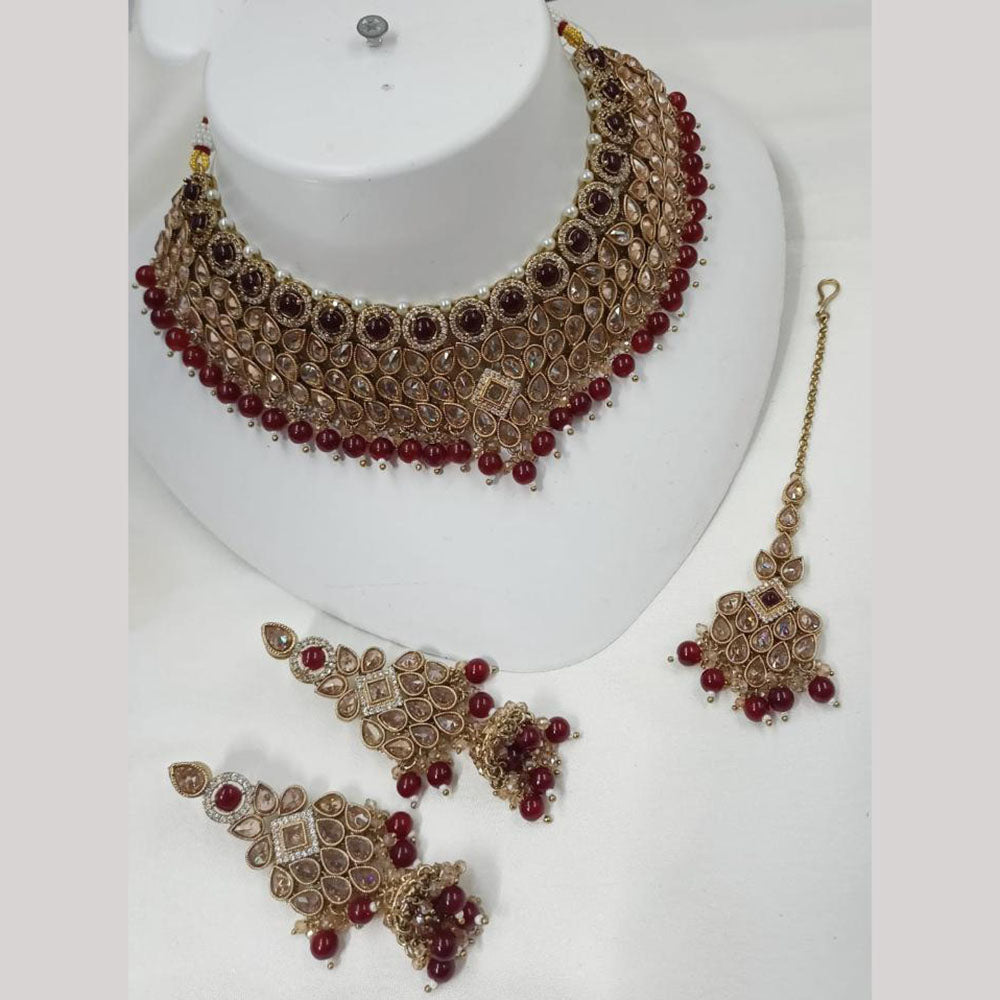 NAFJ Gold Plated Crystal Stone And Beads Choker Necklace Set