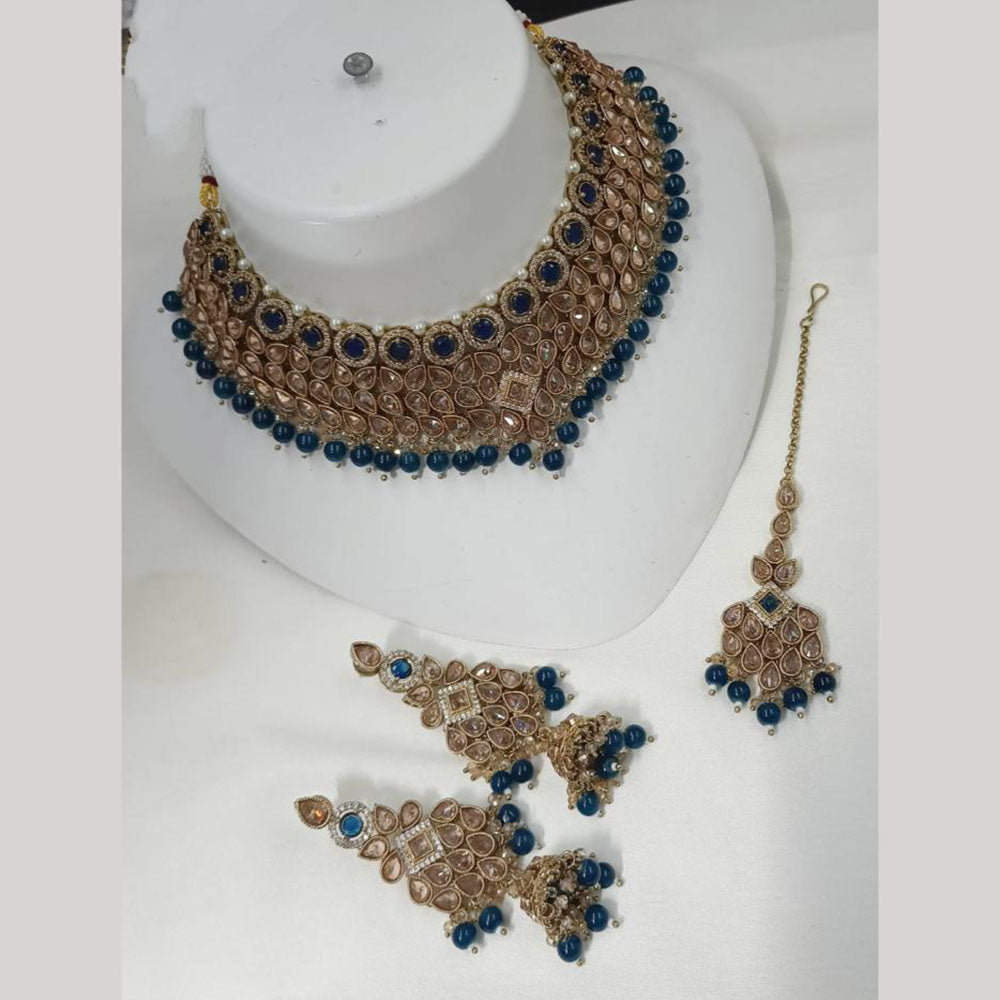 NAFJ Gold Plated Crystal Stone And Beads Choker Necklace Set