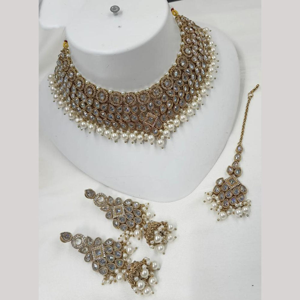 NAFJ Gold Plated Crystal Stone And Beads Choker Necklace Set