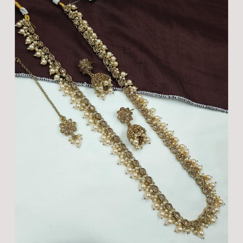 NAFJ Royal Gold Finish Austrian Stone And Pearl Beads Long Necklace Set