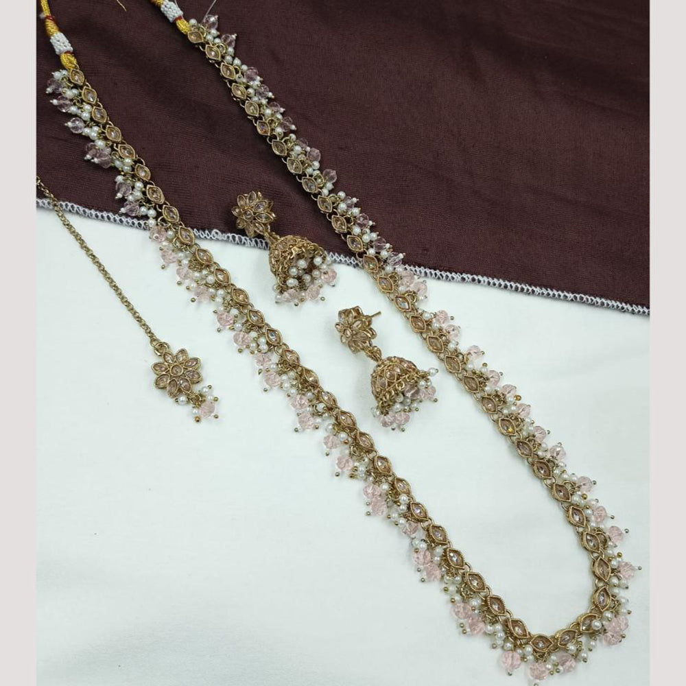 NAFJ Royal Gold Finish Austrian Stone And Pearl Beads Long Necklace Set