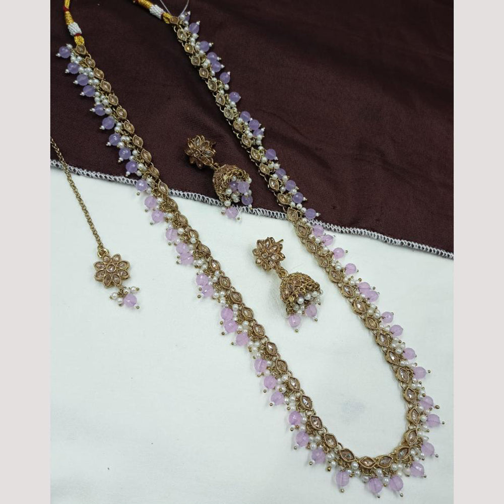 NAFJ Royal Gold Finish Austrian Stone And Pearl Beads Long Necklace Set