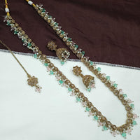 NAFJ Royal Gold Finish Austrian Stone And Pearl Beads Long Necklace Set