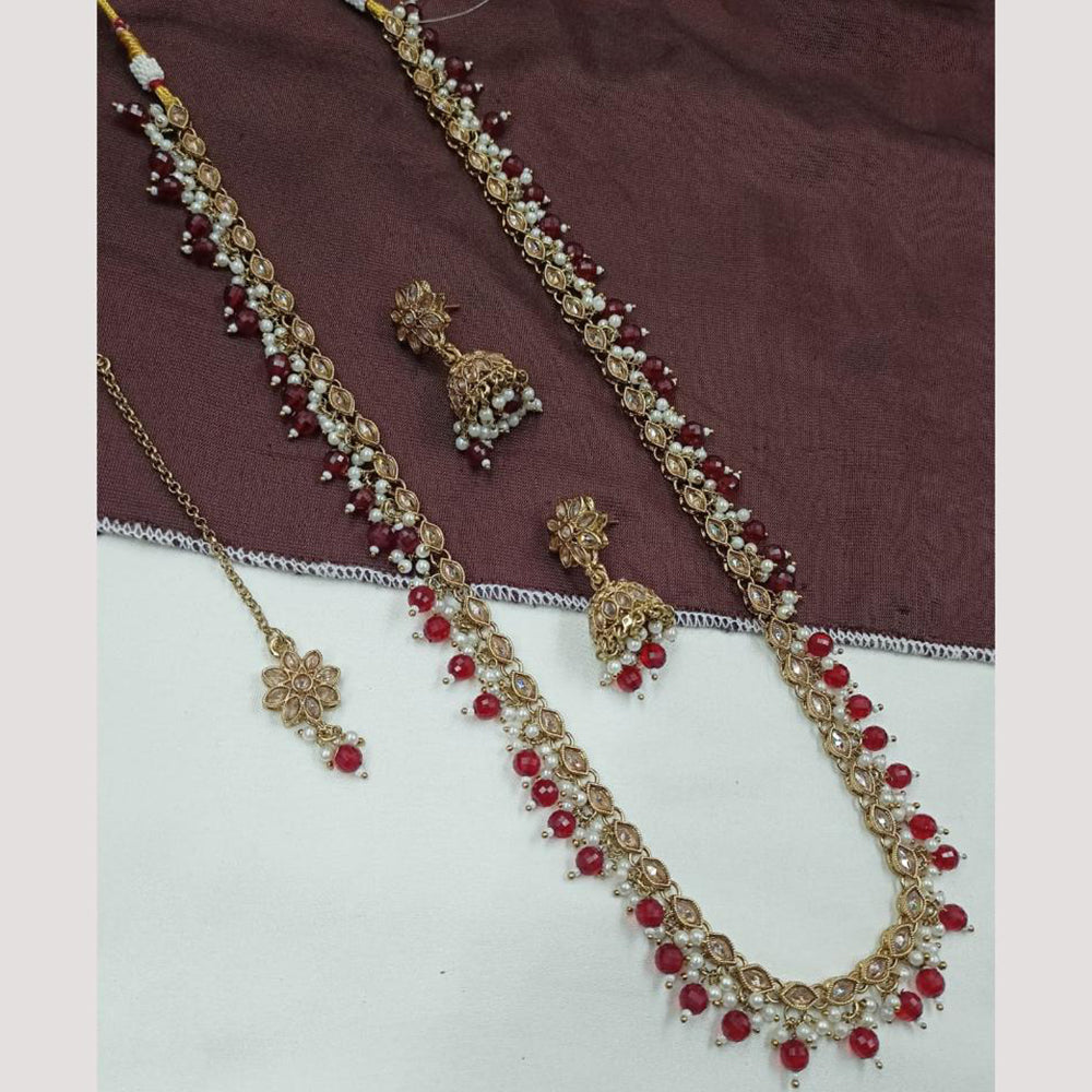 NAFJ Royal Gold Finish Austrian Stone And Pearl Beads Long Necklace Set