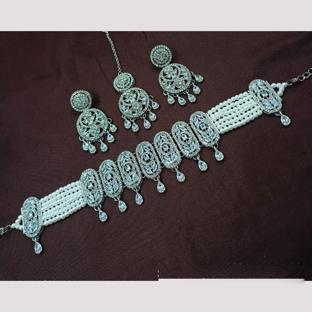 NAFJ Sparkling Crystal And Austrian Stone Designer Pearl Choker Necklace Set