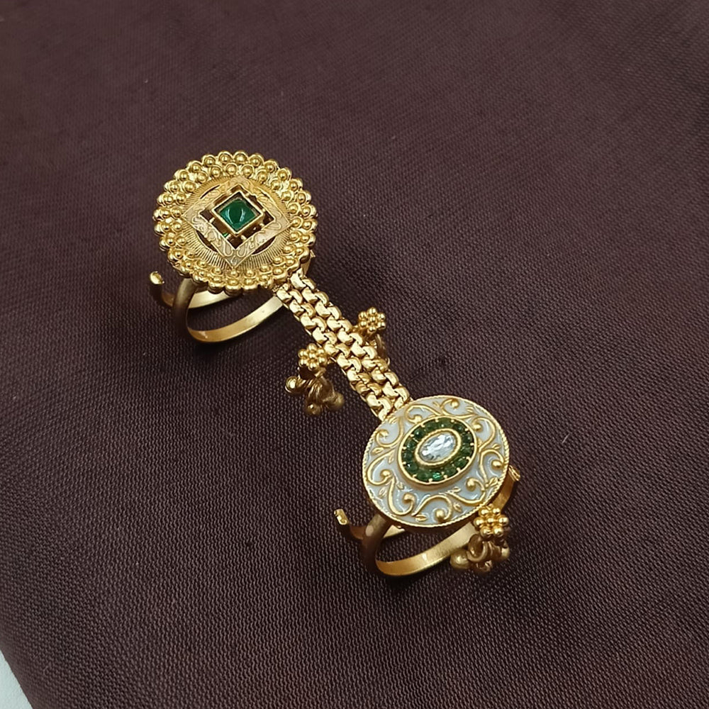 NAFJ  Luxe Gold Plated With Pota Stone & Pearls Meenakari Glow Ring