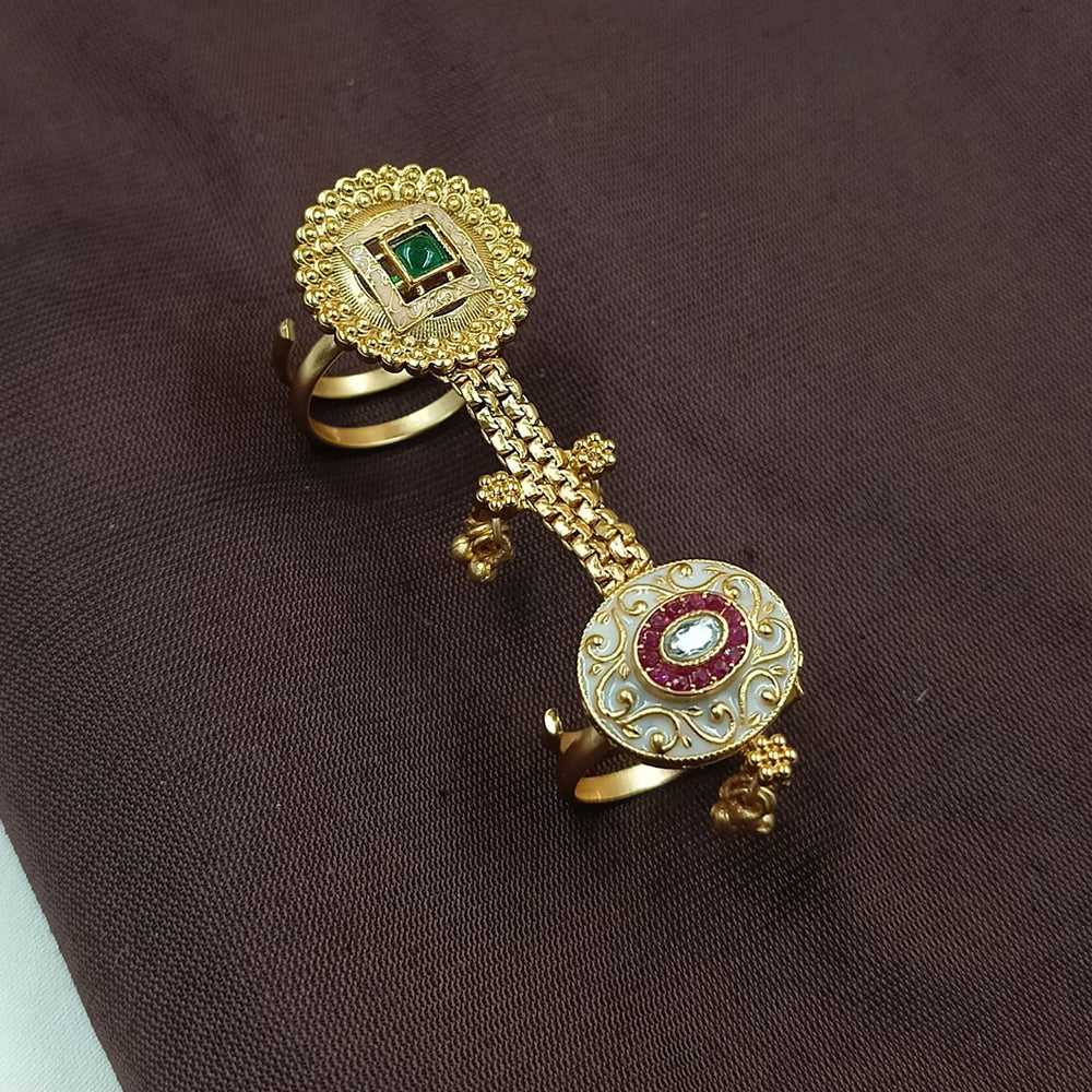 NAFJ  Luxe Gold Plated With Pota Stone & Pearls Meenakari Glow Ring