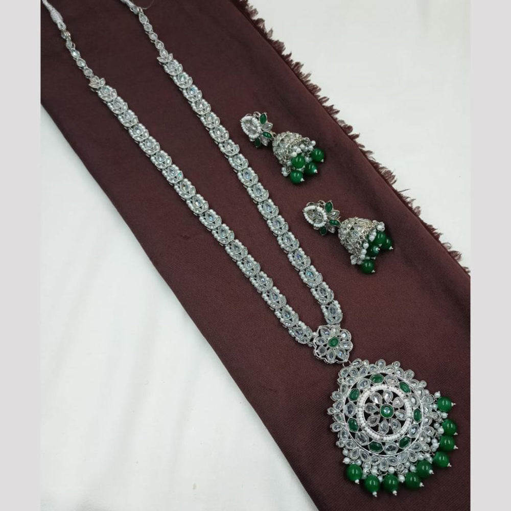 NAFJ Rhodium Plated Crystal Stone Long Kundan Necklace Set
