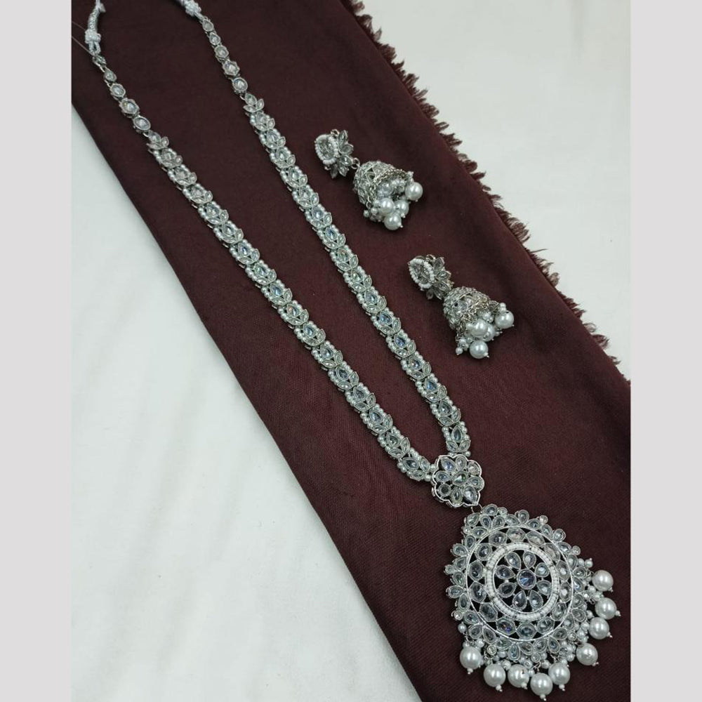 NAFJ Rhodium Plated Crystal Stone Long Kundan Necklace Set