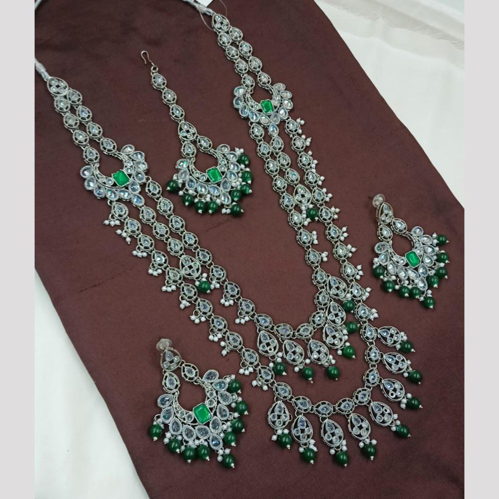 NAFJ Rhodium Plated Crystal Stone Long Kundan Necklace Set