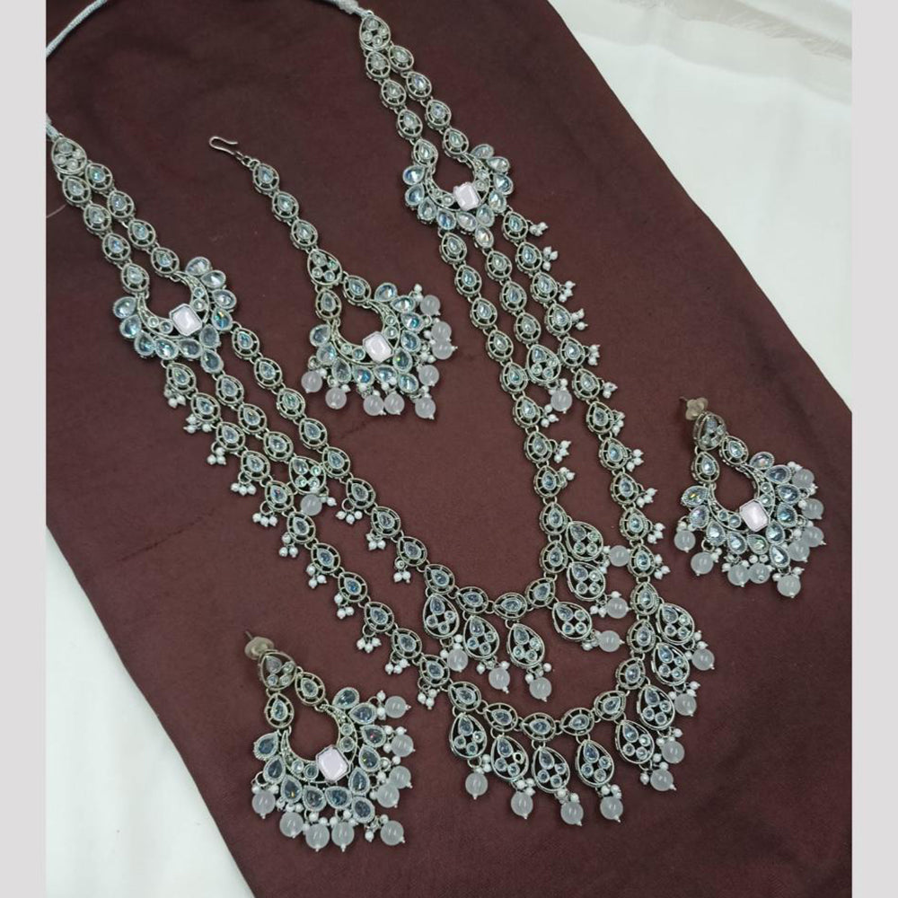 NAFJ Rhodium Plated Crystal Stone Long Kundan Necklace Set