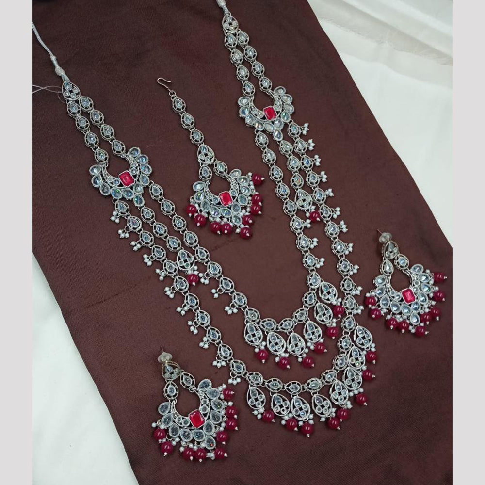 NAFJ Rhodium Plated Crystal Stone Long Kundan Necklace Set