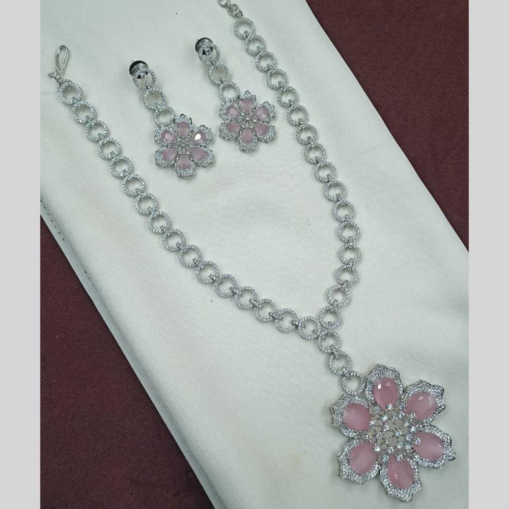 NAFJ Rhodium American Diamond Long Necklace Set