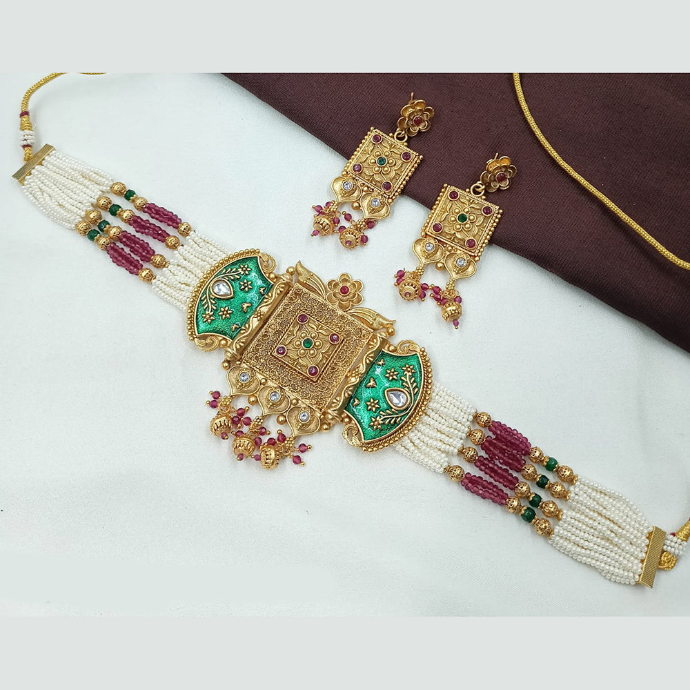 NAFJ Antique Minakari Choker with Pota Stone and Beads Necklace Set