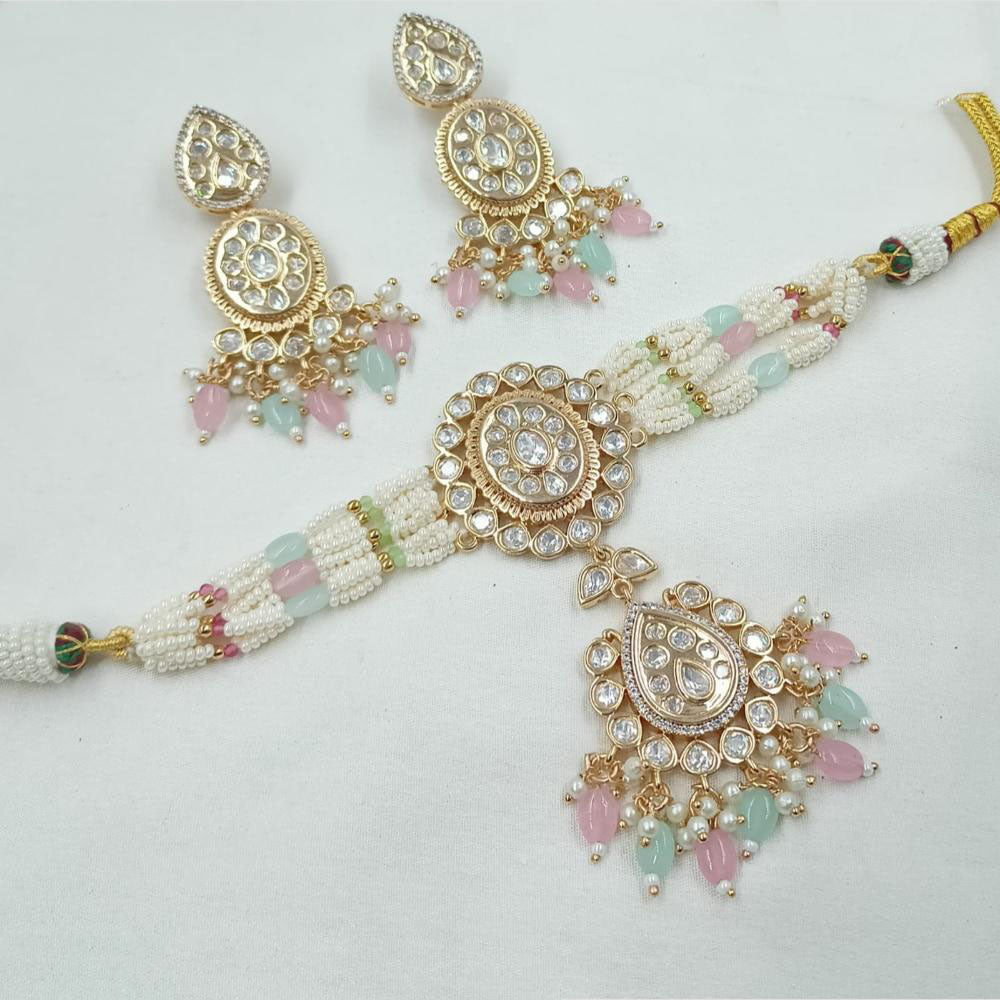 NAFJ Premium Polki Kundan Beads And Pearl Necklace Set