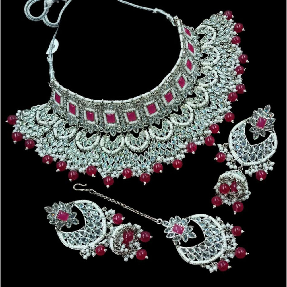 NAFJ Elegant Crystal Stone Pearl And Beads Choker Necklace Set