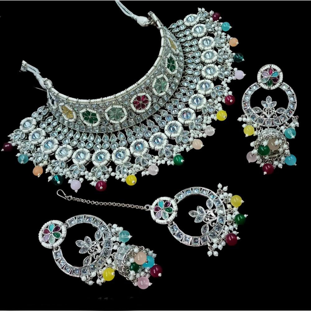 NAFJ Elegant Crystal Stone Pearl And Beads Choker Necklace Set