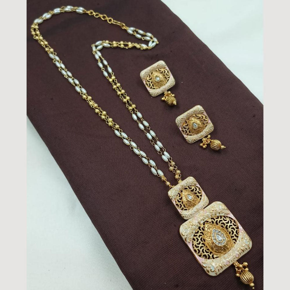 NAFJ Kundan Stones and Pearl Long Necklace Set with Stud Earrings