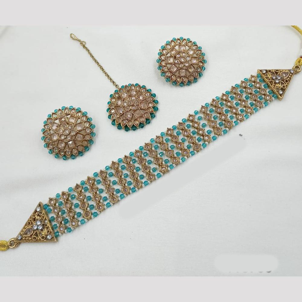NAFJ Crystal Choker Necklace Set with Antique Mehndi Touch