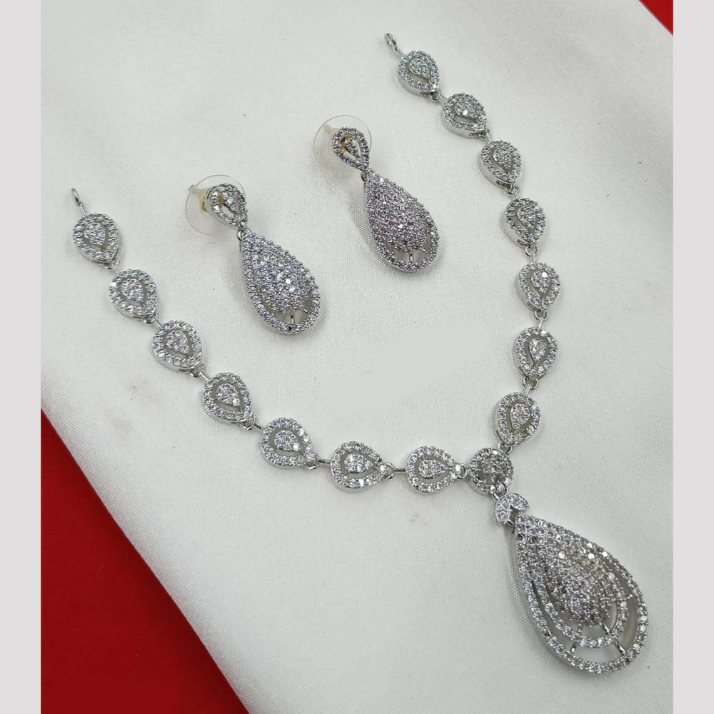 NAFJ Elegant Rhodium Finish Necklace Set with American Diamonds