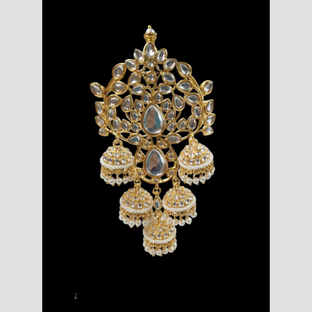 NAFJ Elegant Hair Brooch with Kundan and Pearl Detailing
