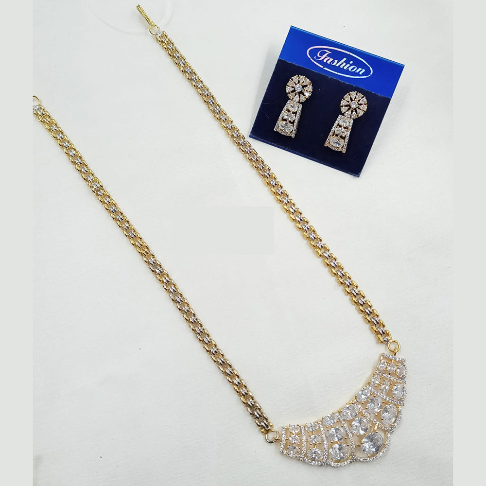 NAFJ Sparkling Elegance Gold Plated Long American Diamond Necklace Set for Weddings & Parties