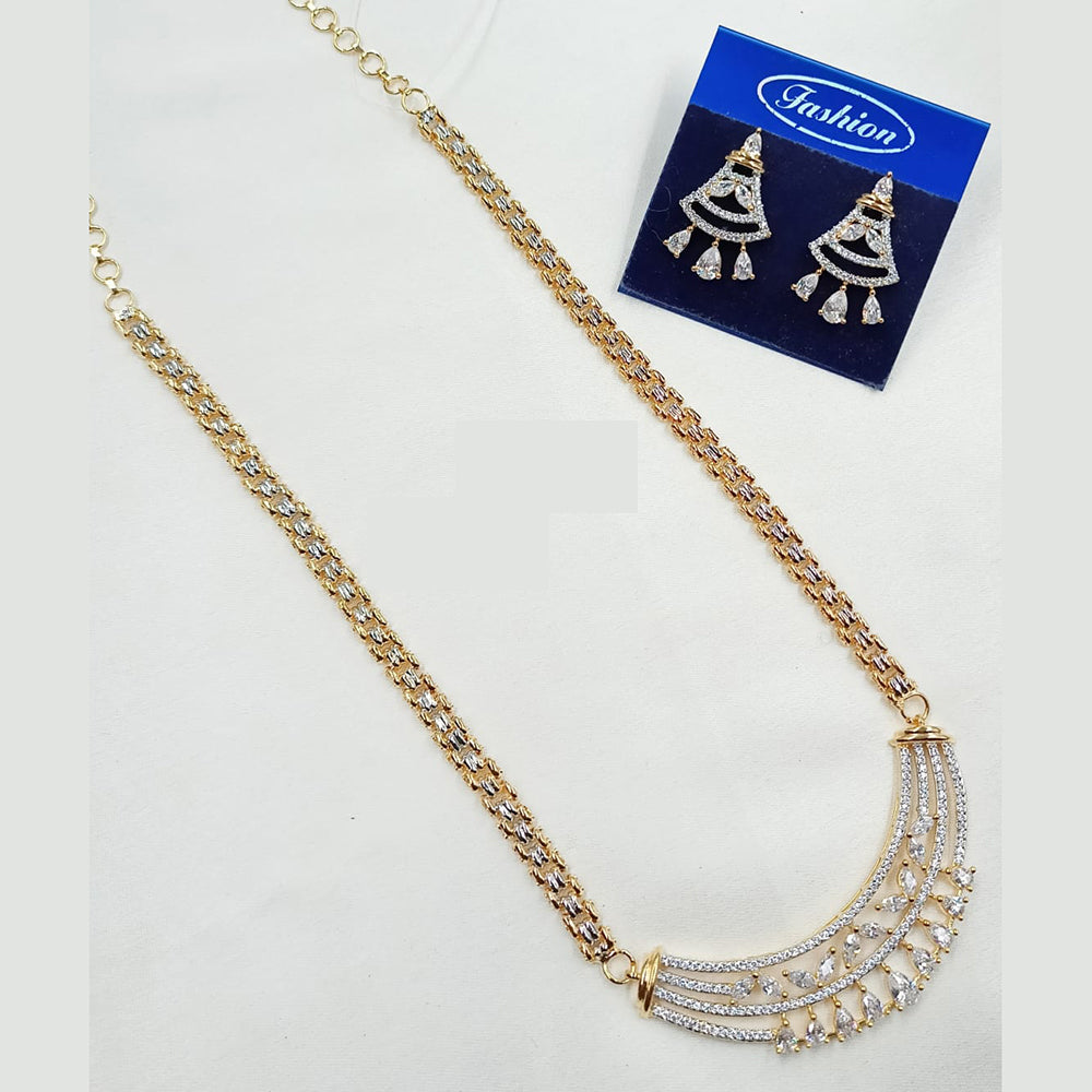 NAFJ Sparkling Elegance Gold Plated Long American Diamond Necklace Set for Weddings & Parties