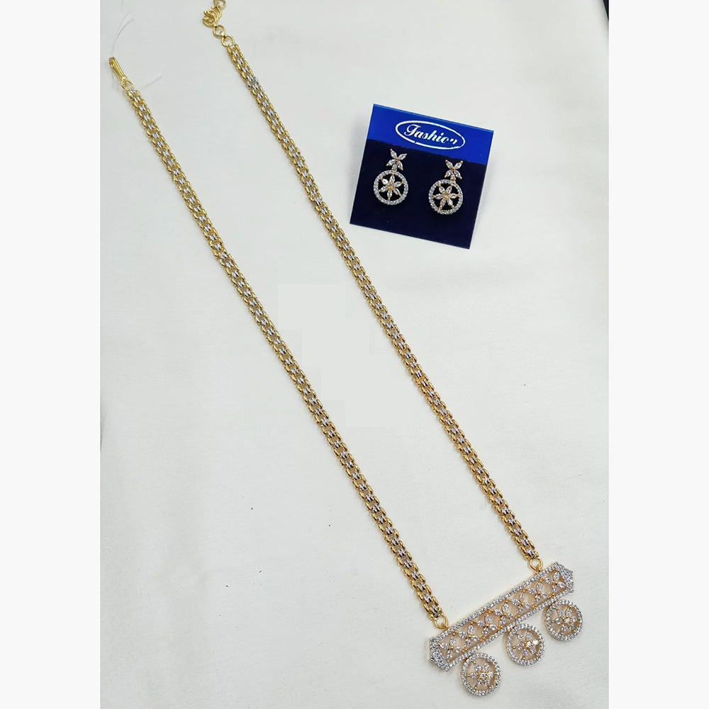 NAFJ Sparkling Elegance Gold Plated Long American Diamond Necklace Set for Weddings & Parties