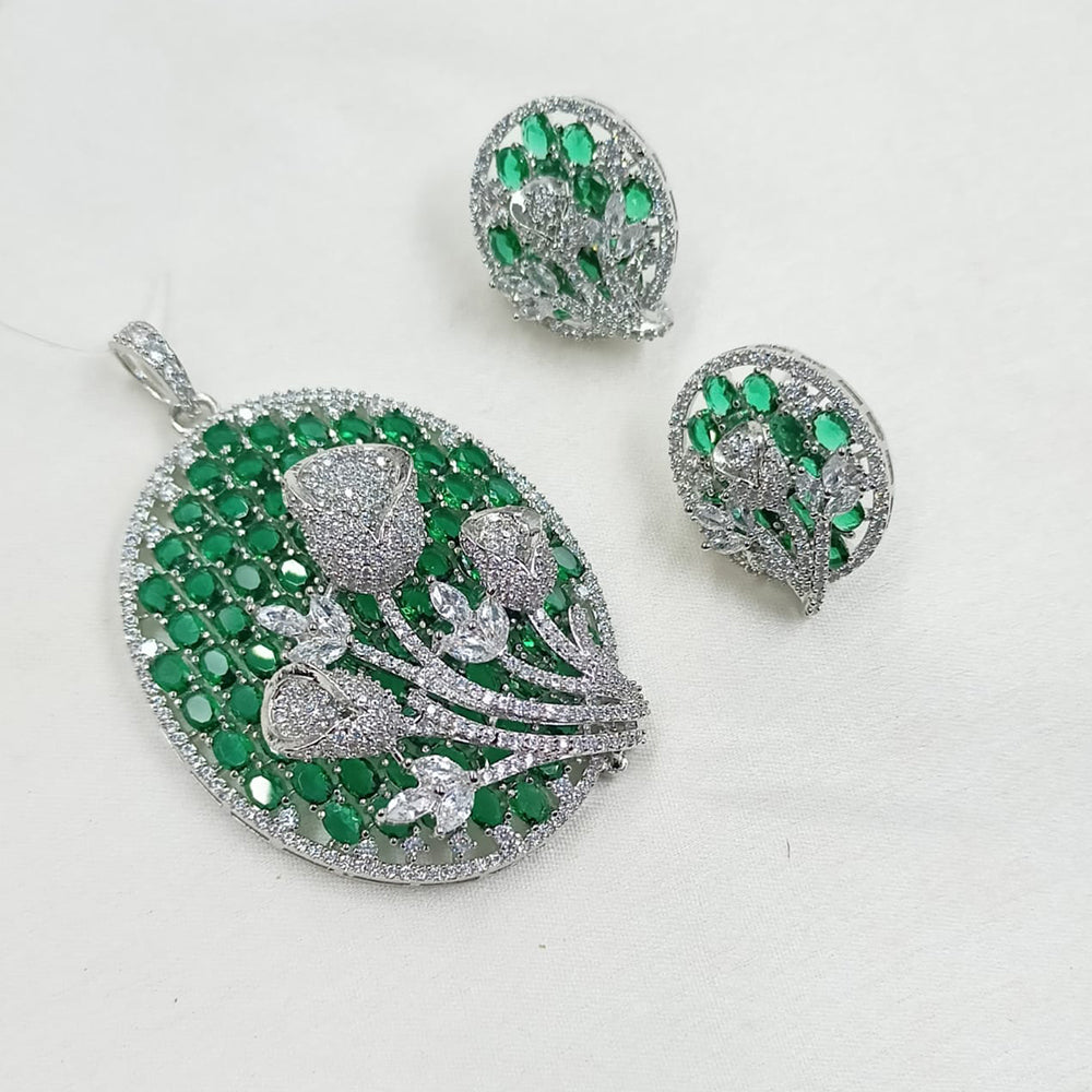 NAFJ Dazzle Bloom Rodium Plated  American Diamond Pendant Set with Matching Earrings