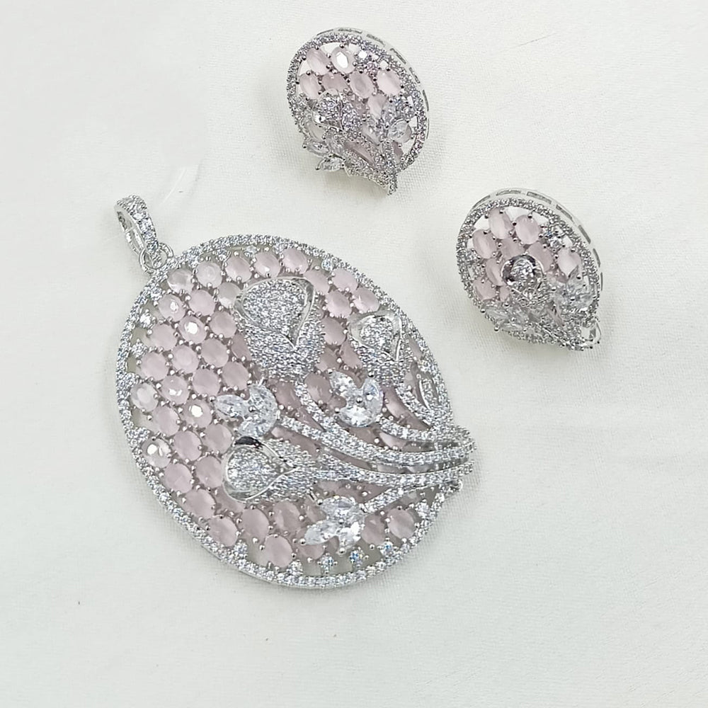 NAFJ Dazzle Bloom Rodium Plated  American Diamond Pendant Set with Matching Earrings