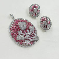 NAFJ Dazzle Bloom Rodium Plated  American Diamond Pendant Set with Matching Earrings