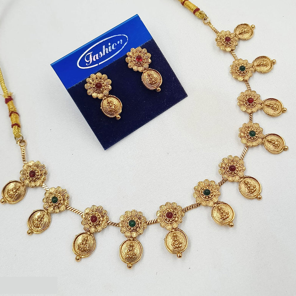 NAFJ Traditional South Indian Temple Style Pota Stone Long Necklace & Earrings Set