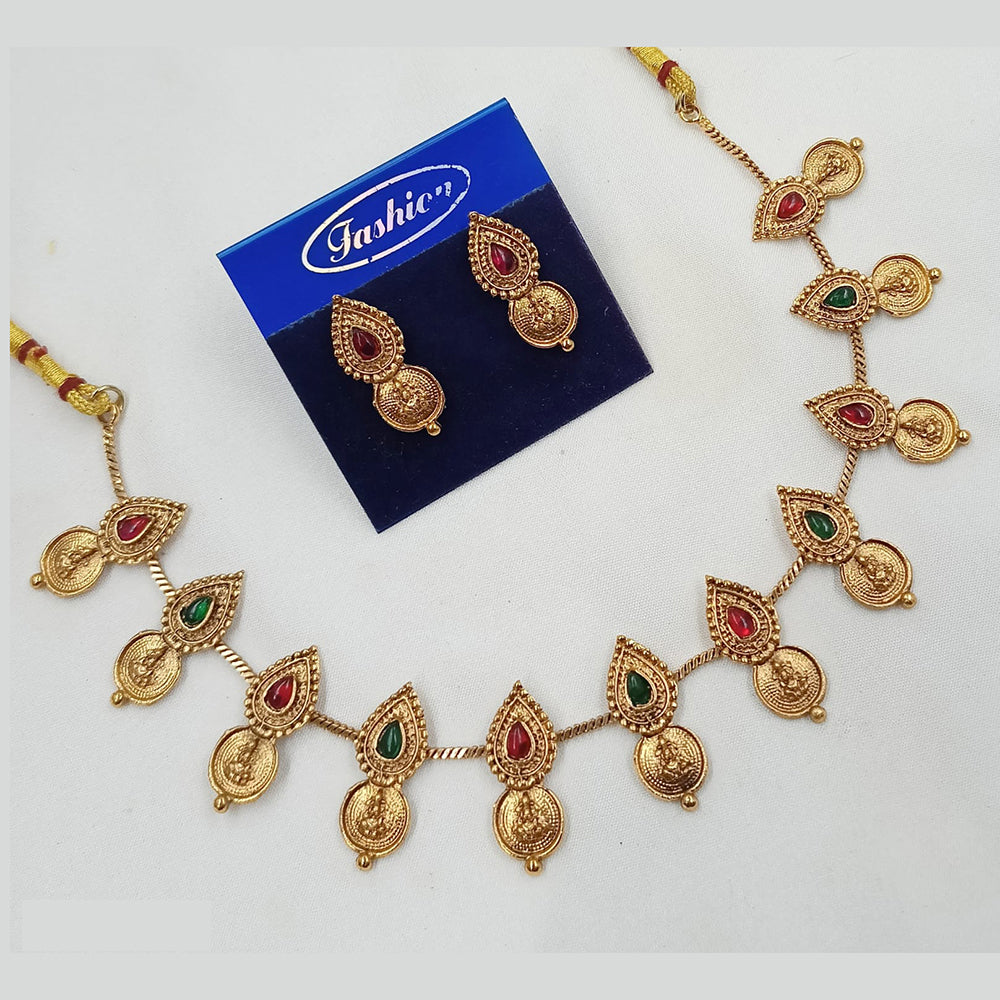 NAFJ Traditional South Indian Temple Style Pota Stone Long Necklace & Earrings Set