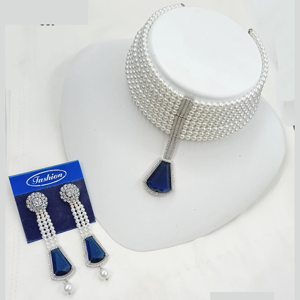 NAFJ Elegant Designer American Diamond And Pearl Choker Necklace Set with Earrings for Festive & Evening Wear