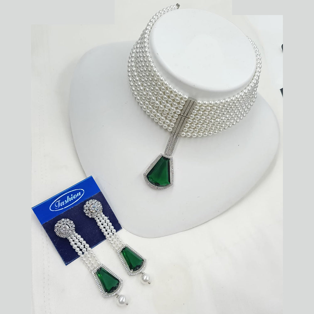 NAFJ Elegant Designer American Diamond And Pearl Choker Necklace Set with Earrings for Festive & Evening Wear