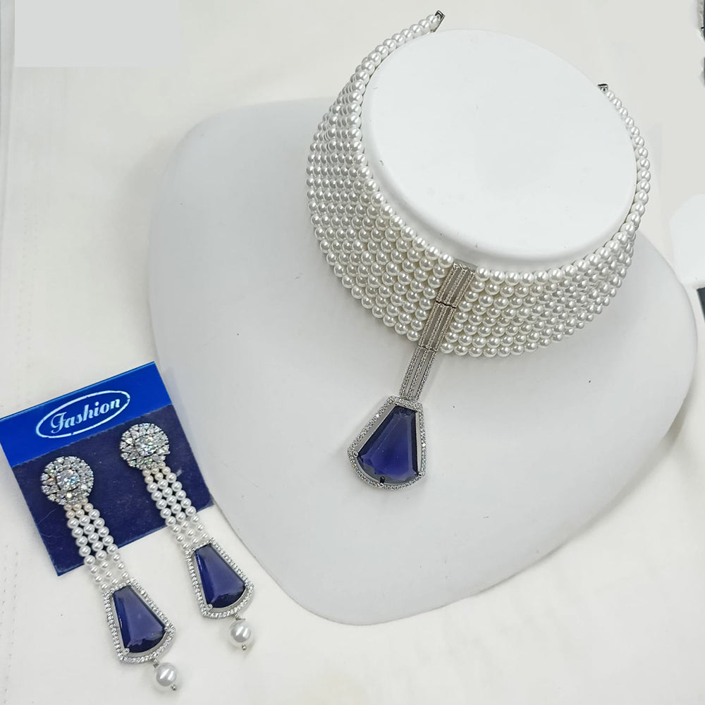NAFJ Elegant Designer American Diamond And Pearl Choker Necklace Set with Earrings for Festive & Evening Wear