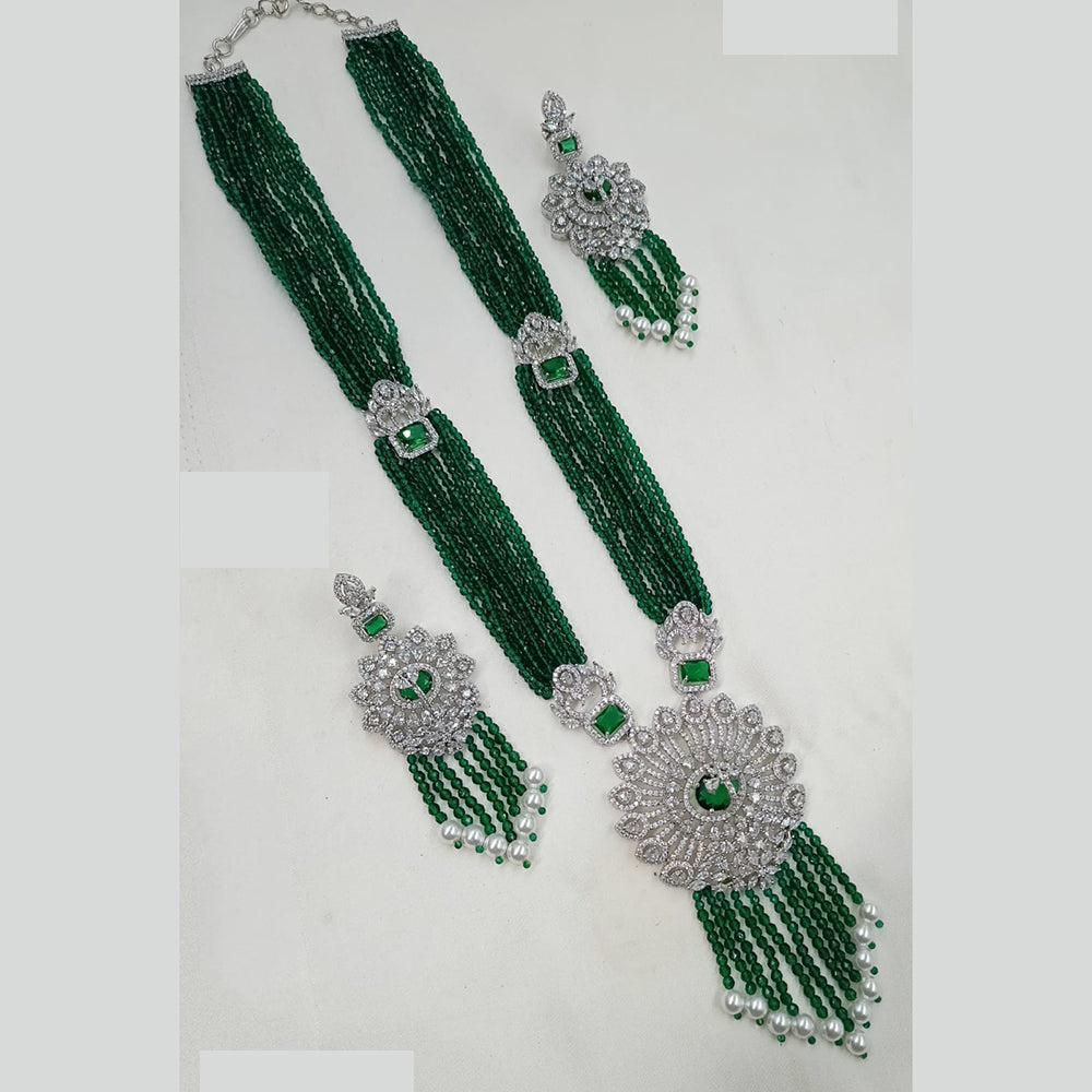 NAFJ Radiant Sparkle American Diamond & Pearl Long Necklace Jewellery Set for Party & Ethnic Wear